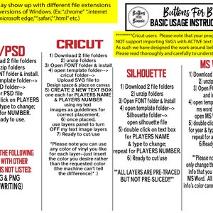 May include: Instructions for using Cricut, Silhouette, and MS Word to create personalized buttons. The instructions include downloading files, opening folders, and editing text boxes. The image also includes a note about SVG files and active text boxes.