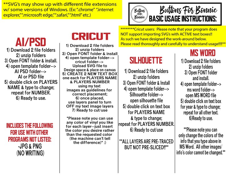 May include: Instructions for using Cricut, Silhouette, and MS Word to create personalized buttons. The instructions include downloading files, opening folders, and editing text boxes. The image also includes a note about SVG files and active text boxes.