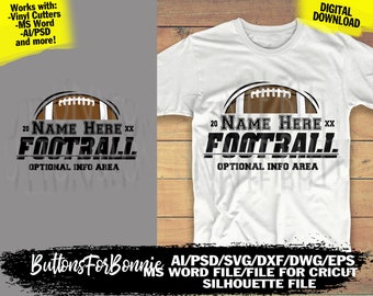 May include: A white t-shirt with a black and brown football graphic. The graphic says "20 NAME HERE XX FOOTBALL" and "OPTIONAL INFO AREA".