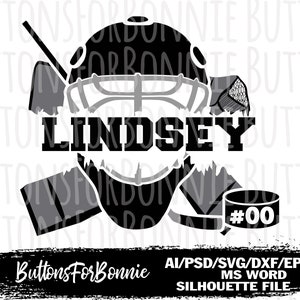May include: Black and white silhouette of a hockey goalie with the name Lindsey and the number 00. The image is a digital download for crafting projects.