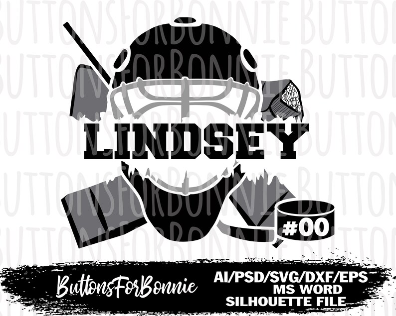 May include: Black and white silhouette of a hockey goalie with the name Lindsey and the number 00. The image is a digital download for crafting projects.