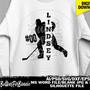 May include: Black and white silhouette of a hockey player with the name Lindsey written vertically down the side of the player. The number 00 is also included in the design.
