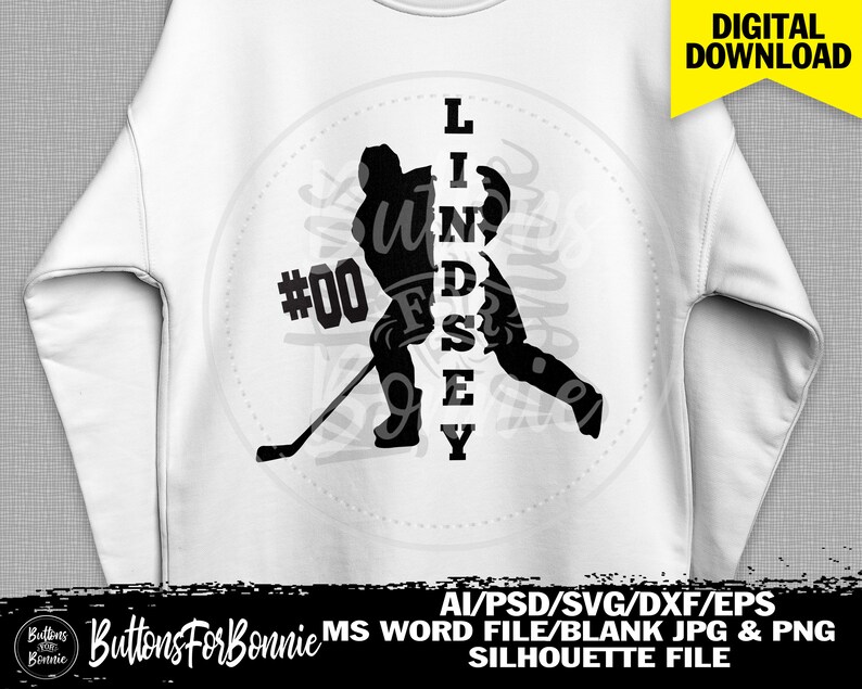 May include: Black and white silhouette of a hockey player with the name Lindsey written vertically down the side of the player. The number 00 is also included in the design.