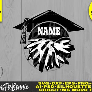 May include: Black and white graduation cap silhouette with a leafy design and the text "NAME" and "20XX". The text can be customised.