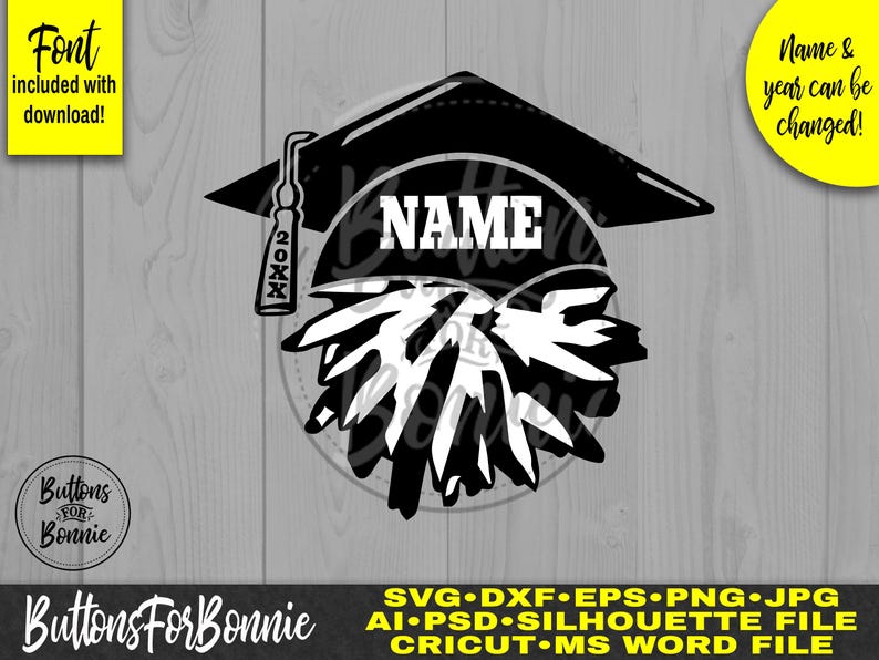 May include: Black and white graduation cap silhouette with a leafy design and the text "NAME" and "20XX". The text can be customised.