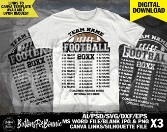 football roster template, football svg, back of shirt svg, cut file, football shirt, canva template, cricut, silhouette, PNG, AI, EPS