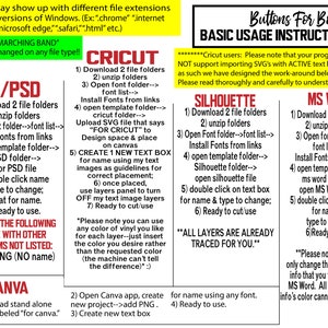 May include: A colorful chart with instructions for using different software programs to create designs with text boxes. The programs listed are Cricut, AI/PSD, Silhouette, Canva, and MS Word. The chart includes the text "Buttons For Bonnie" and "Basic Usage Instructions".
