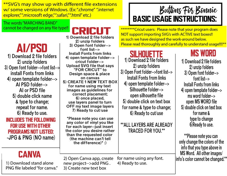 May include: A colorful chart with instructions for using different software programs to create designs with text boxes. The programs listed are Cricut, AI/PSD, Silhouette, Canva, and MS Word. The chart includes the text "Buttons For Bonnie" and "Basic Usage Instructions".