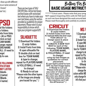 May include: Instructions for using SVG, DXF, EPS files for Cricut, Silhouette, and MS Word. The instructions include downloading, unzipping, installing fonts, and editing text boxes for team name, players name, and volleyball. The image also includes a note about the different types of SVG files and how to use them.