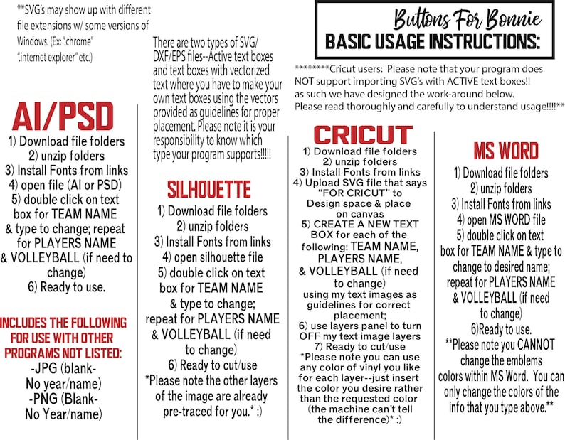May include: Instructions for using SVG, DXF, EPS files for Cricut, Silhouette, and MS Word. The instructions include downloading, unzipping, installing fonts, and editing text boxes for team name, players name, and volleyball. The image also includes a note about the different types of SVG files and how to use them.
