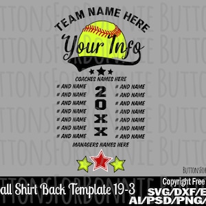 softball svg, template, champion svg, all star svg, all star champion svg, back of shirt svg, team members svg, cut file, stitching, seams