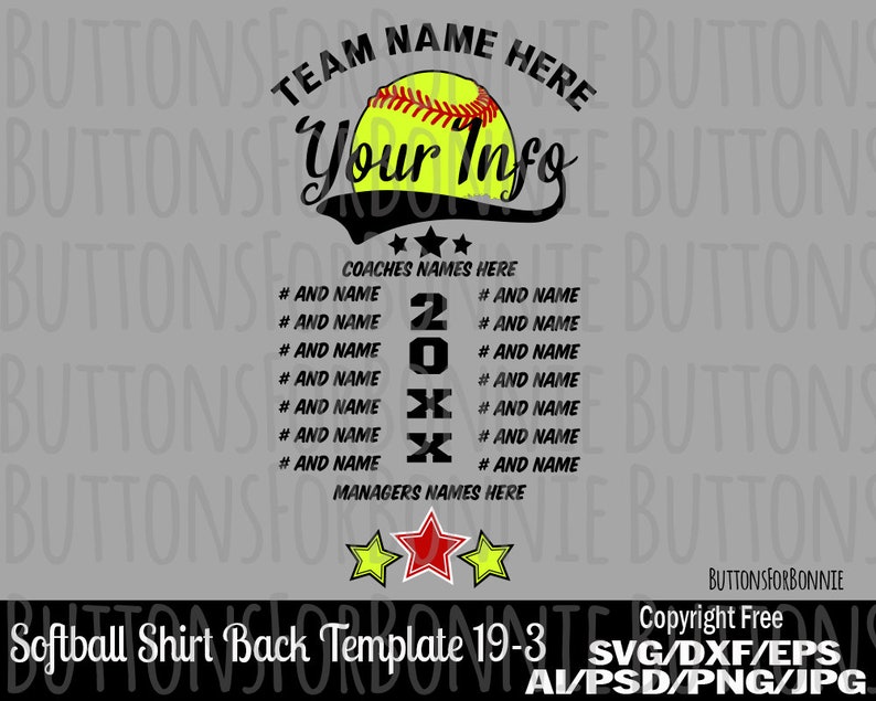 Puede incluir: Una plantilla de dise&ntilde;o de camiseta de softball en blanco y negro con el texto "Team Name Here" y "Your Info". El dise&ntilde;o tambi&eacute;n incluye una pelota de softball, estrellas y el texto "20XX".