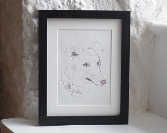 Windhund Original handgezeichnete Skizze eines Hundes, gerahmtes Kunstwerk für Hundeliebhaber, Tierliebhaber, zeitgenössische Wandkunst, Innenarchitekturideen