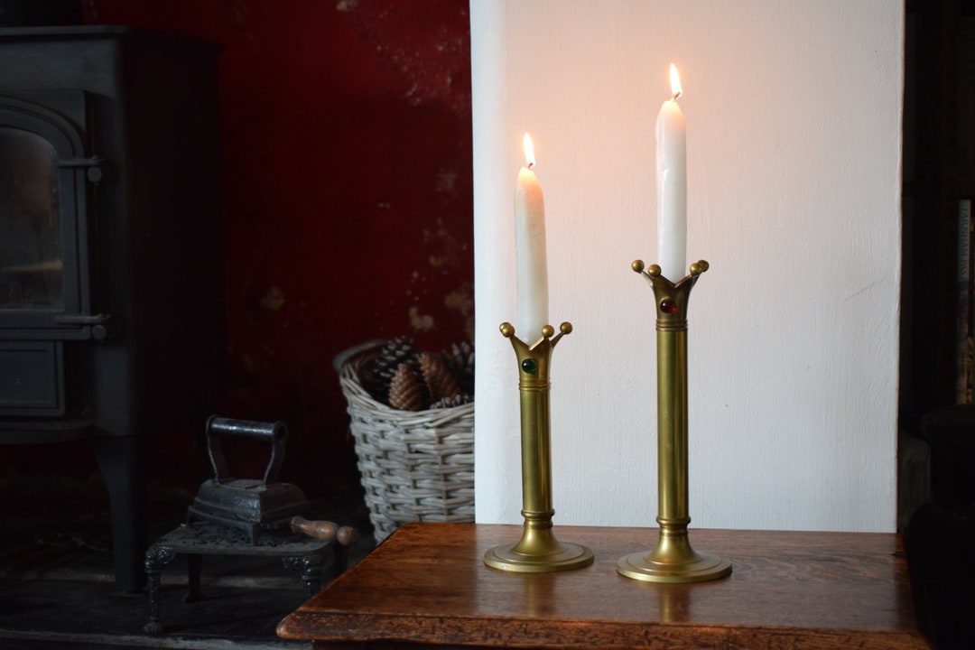 Early 20th Century Brass Candlesticks With Hand Blown Etsy