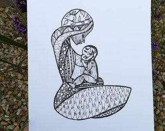 Mama's Milk Breastfeeding Art. 8"x6" Print of Original Pen Drawing.