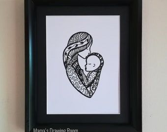 Mama's Kiss, Motherhood Art. 8"x6" Print of Original Pen Drawing.