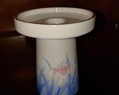 Otagiri Japanese Tapered Pedestal Candle Holder Featuring Iris Flowers Along The Stem, Gold Trimmed Porcelain Piece Made c1960 39 s 70 39 s