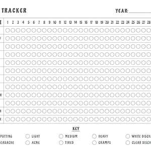 Peut inclure: Un tableau de suivi du flux noir et blanc avec une disposition de calendrier pour le suivi des cycles menstruels. Le tableau comprend une légende avec des options pour les saignements, les maux de tête, les légers, l'acné, les moyens, la fatigue, les lourds, les crampes, les pertes blanches et les pertes claires.