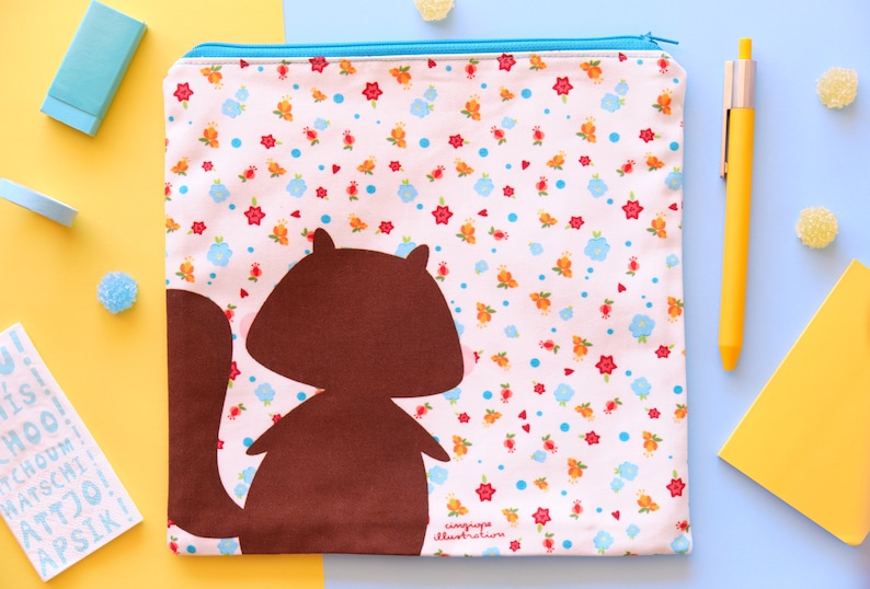 Cute squirrel pouch with flowers illustration