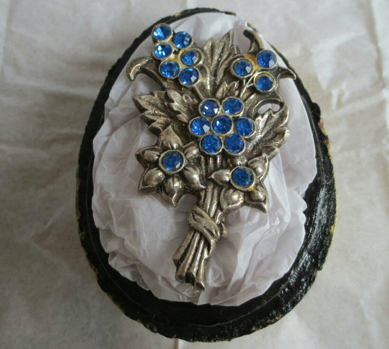 Large Silver Brooch Pin Blue Crystal Chatons Rhinestone Flowers Posy Sheaf Old Heavy Solid Silver 26.6 Grams Fine Jewellery Jewelry Gift