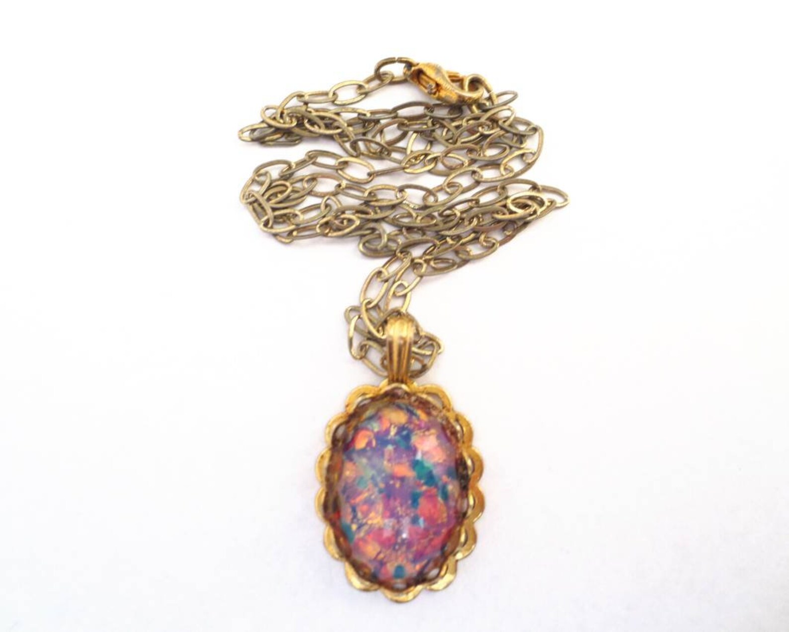 Vintage Confetti Opal Glass Pendant Rainbow Colours on Gold Etsy