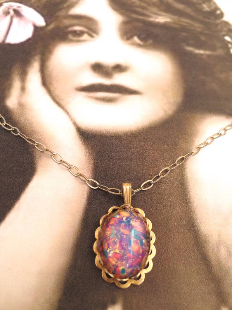 Vintage Confetti Opal Glass Pendant Rainbow Colours on Gold Etsy