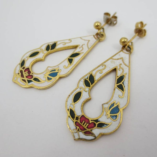 White Cloisonné Enamel Dangle Earrings for Pierced Ears Vintage 1980s Floral Jewellery Jewelry Gift