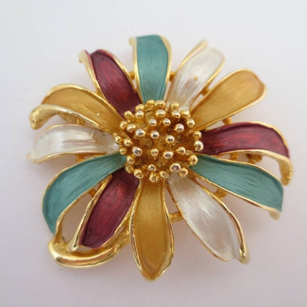 Flower Brooch Pin Enamel Multi Colours Colours Bright and Cheeful with Gold Metalwork Vintage Costume Jewellery Jewelry Gift