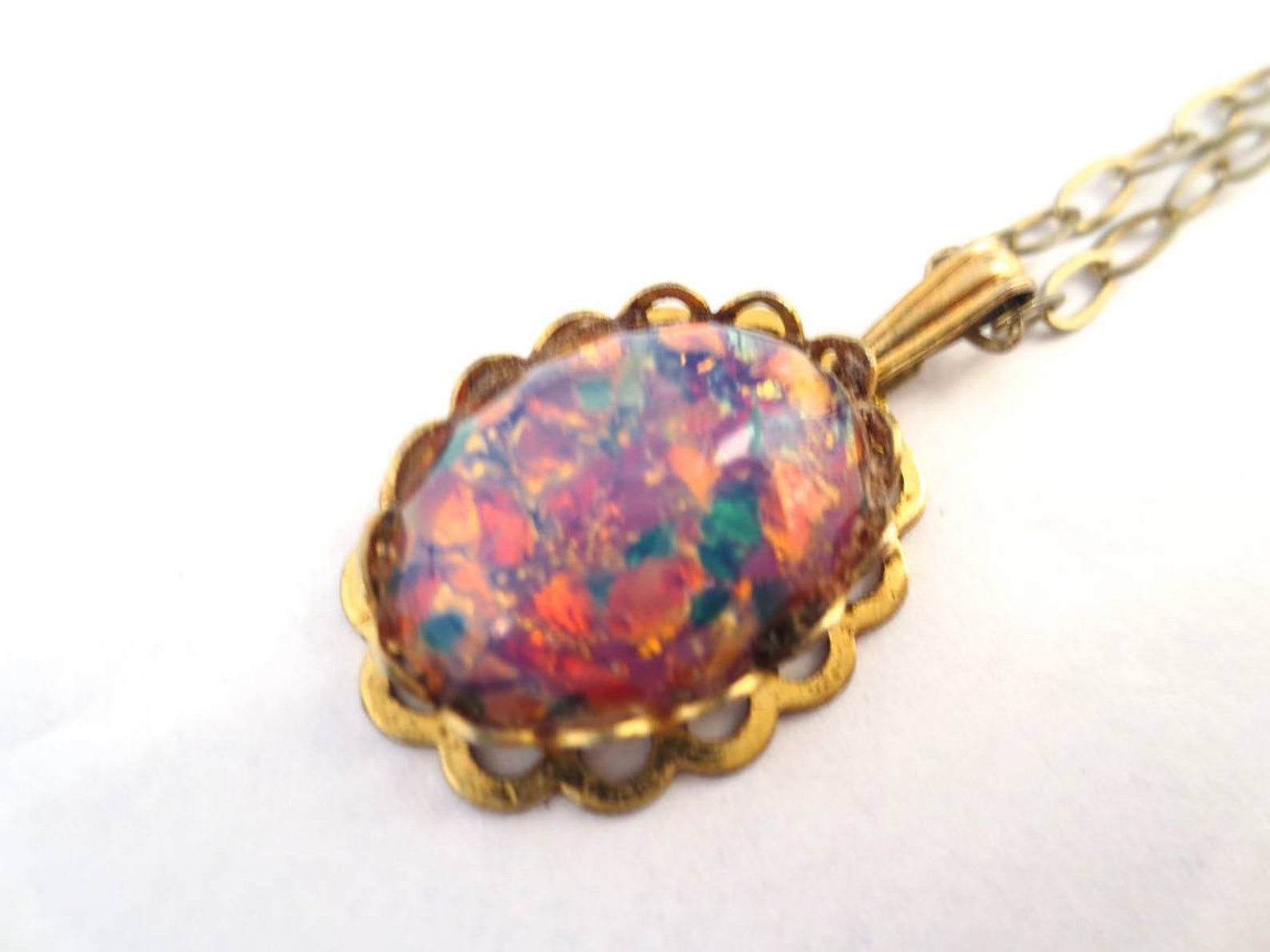 Vintage Confetti Opal Glass Pendant Rainbow Colours on Gold Etsy