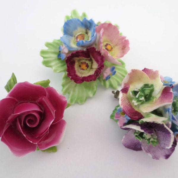 China Flower Brooch Pin Lot Figural Pastel Flower Rose Posy Vintage English Jewellery Jewelry Gift Coalport