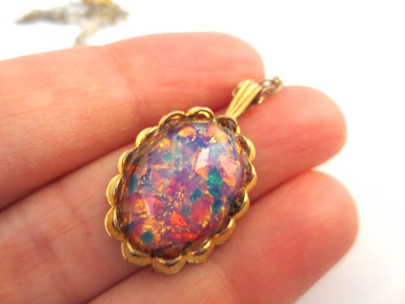 Vintage Confetti Opal Glass Pendant Rainbow Colours on Gold Etsy