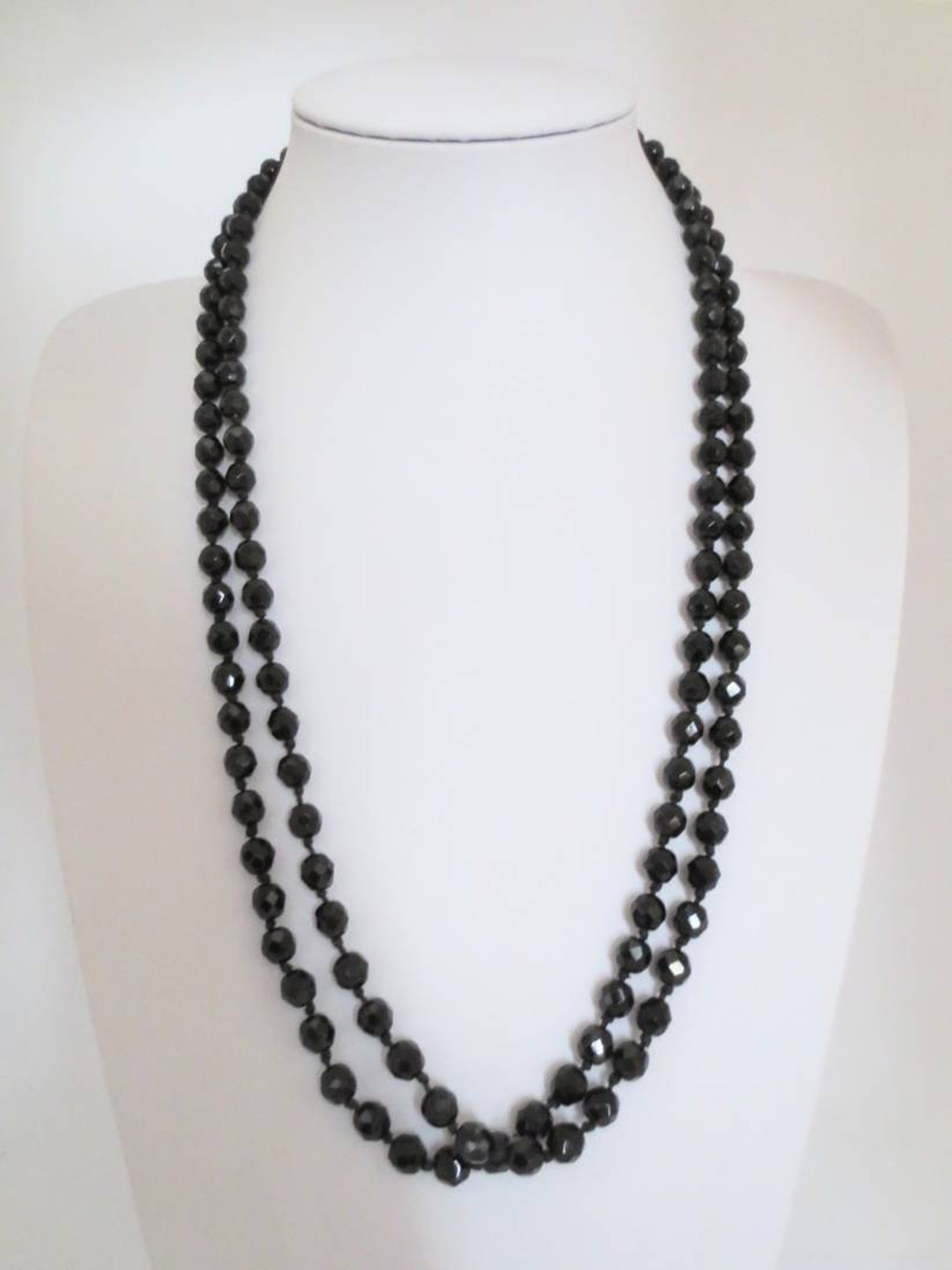 Jet Black Glass Bead Necklace Long Necklace Art Deco Flapper Etsy