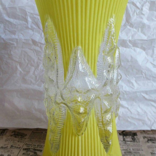 Vintage Large Yellow Vase Clear Glass Lava Atomic Op-art Optical Ribbed Tall ? Mid-Century 1960s 1970s