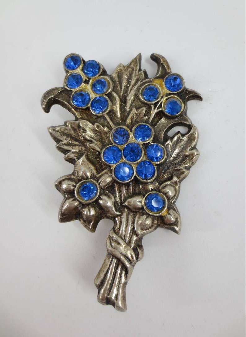 Large Silver Brooch Pin Blue Crystal Chatons Rhinestone Flowers Posy Sheaf Old Heavy Solid Silver 26.6 Grams Fine Jewellery Jewelry Gift