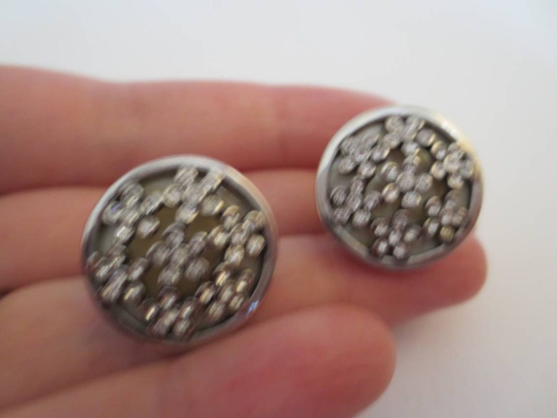 Snowflake Flower Clip Earrings Clear Rhinestones and Silver Metal Signed Monet Vintage Costume Jewellery Jewelry Gift
