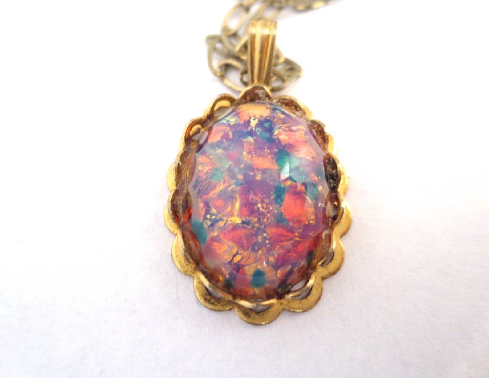 Vintage Confetti Opal Glass Pendant Rainbow Colours on Gold Etsy