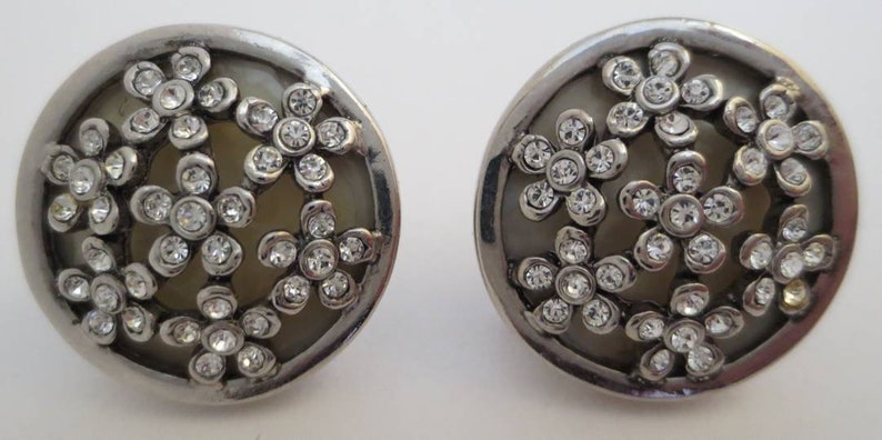 Snowflake Flower Clip Earrings Clear Rhinestones and Silver Metal Signed Monet Vintage Costume Jewellery Jewelry Gift