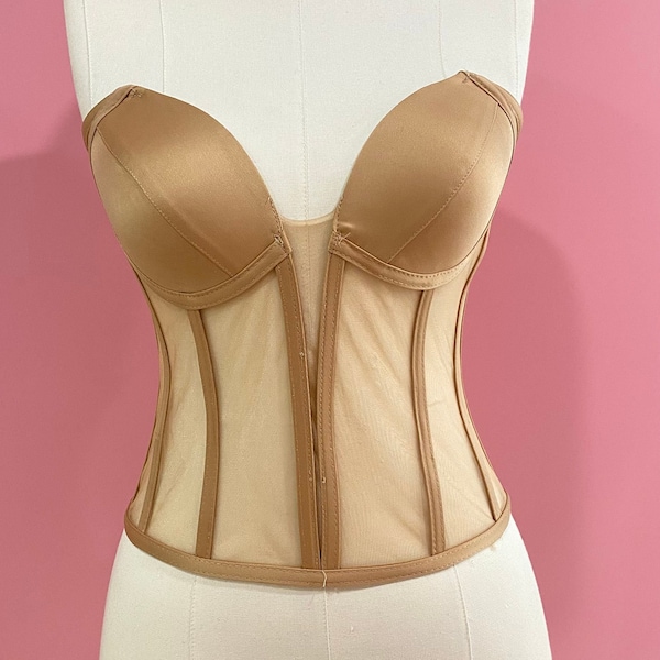 Corset d'expédition rapide, haut corset beige avec bonnets en satin, bustier en résille, corset avec poitrine transparente, corset de mariée, corset transparent