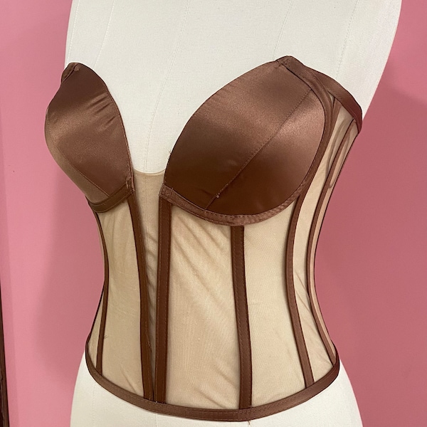 Corset top with satin cups , Crop Top, Corset with transparent chest detail