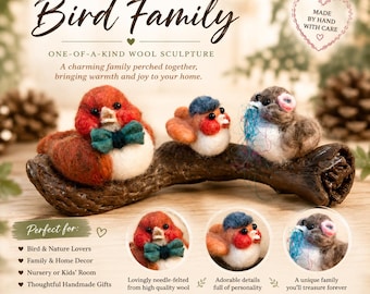 Hand-Felted Bird Family on Natural Wood Branch | One-of-a-Kind Wool Sculpture