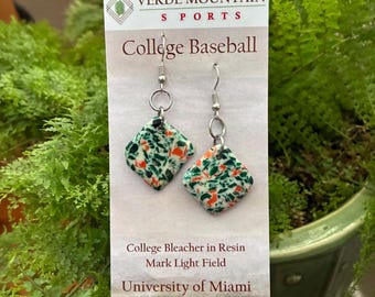 Repurposed University of Miami, Mark Light Field seat in resin earrings. Hurricane Baseball currently Alex Rodriguez Field