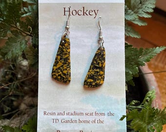 Repurposed Boston Bruins TD Garden seat suspended in epoxy resin earrings. Stainless steel no nickel hardware