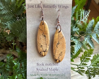Spalted Maple earrings symmetrical pattern like butterfly wings