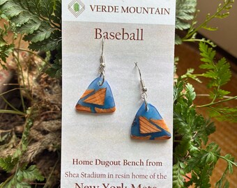 Repurposed New York Mets Shea Stadium Home Dugout Bench in epoxy resin earrings