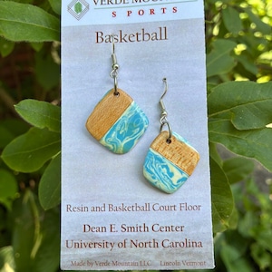 University of North Carolina Dean Smith Dome basketball court floor in resin earrings