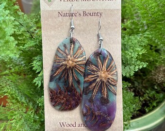 River edge..Nature’s Bounty earrings from Vermont Native Hardwood and resin . Light weight Dangle no nickel hardware.