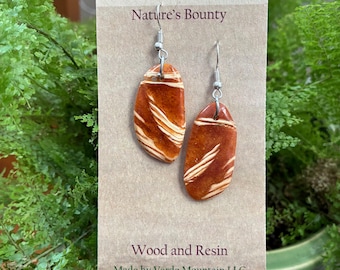 River edge..Nature’s Bounty earrings from Vermont Native Hardwood and resin . Light weight Dangle no nickel hardware.