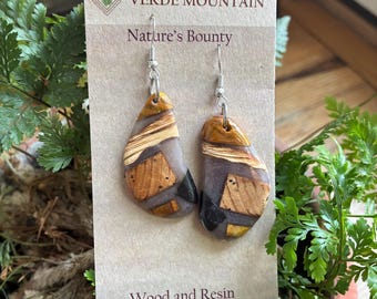 River edge..Nature’s Bounty earrings from Vermont Native Hardwood and resin . Light weight Dangle no nickel hardware.