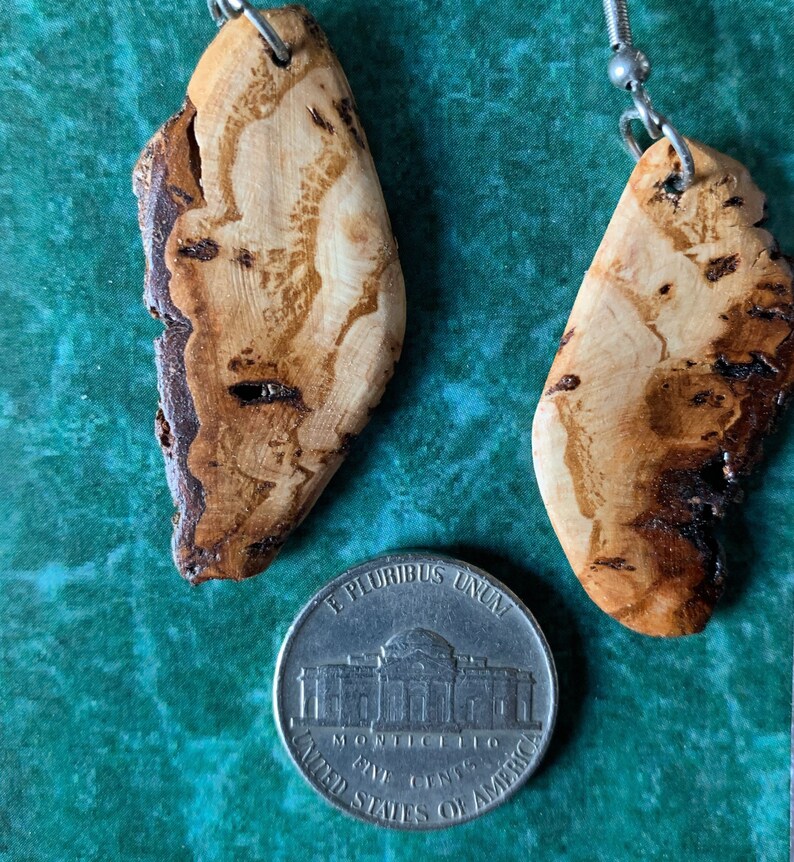Vermont Native Hardwood Dangle Earrings made from selected choicesections of wood Pignut Hickory Burl