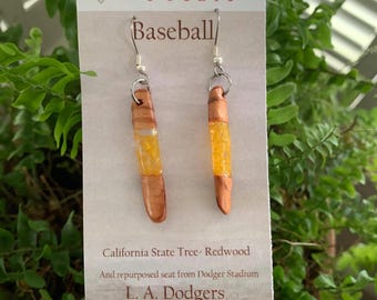 Repurposed L A Dodgers seat in resin earrings with Redwood accents - the California State Tree.